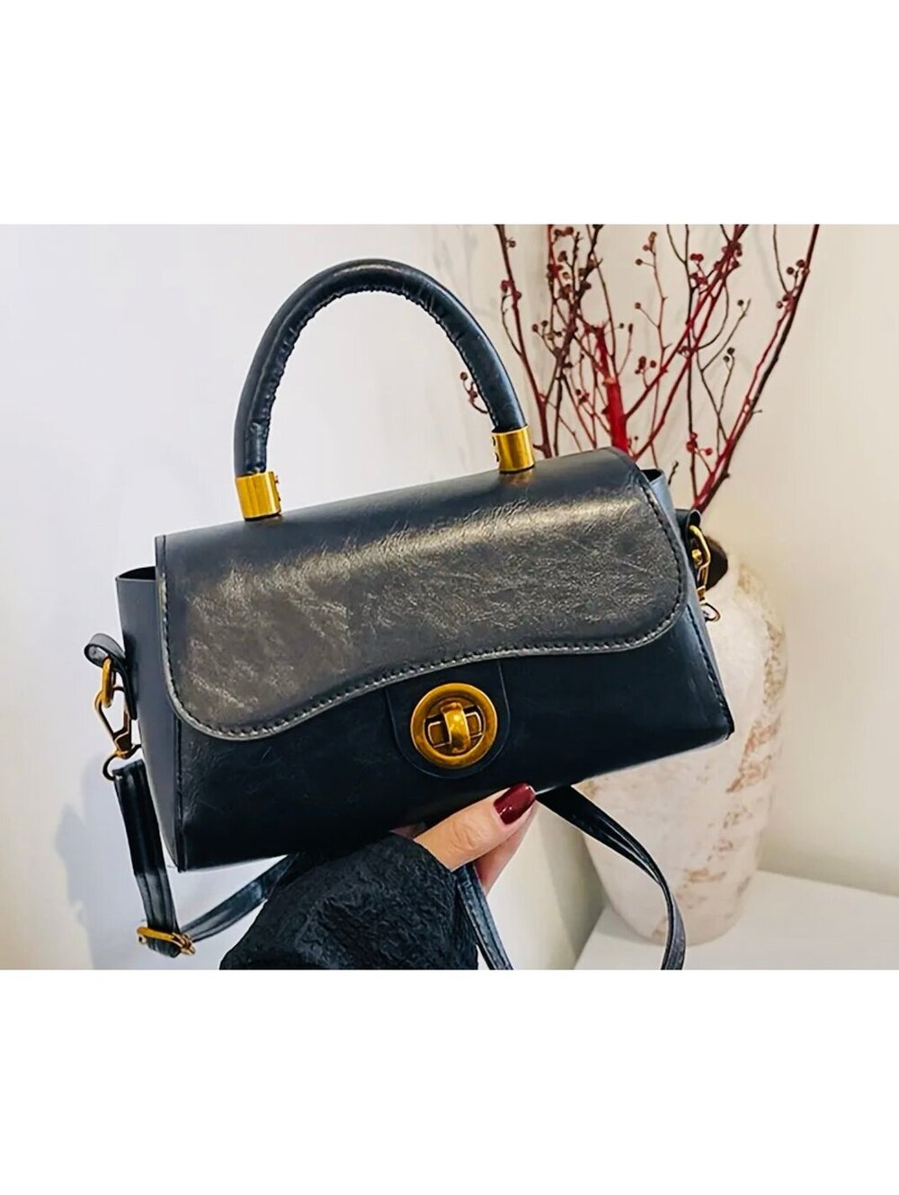 New - Vintage Inspired Faux Leather Mini Baguette Bag w/Buckle Closure - Black
